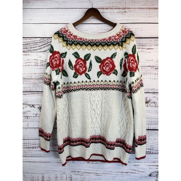 Mossimo Denim Sweaters - Vintage Y2K Mossimo Rose Cable Knit Sweater M Cottagecore Romantic Fair Isle